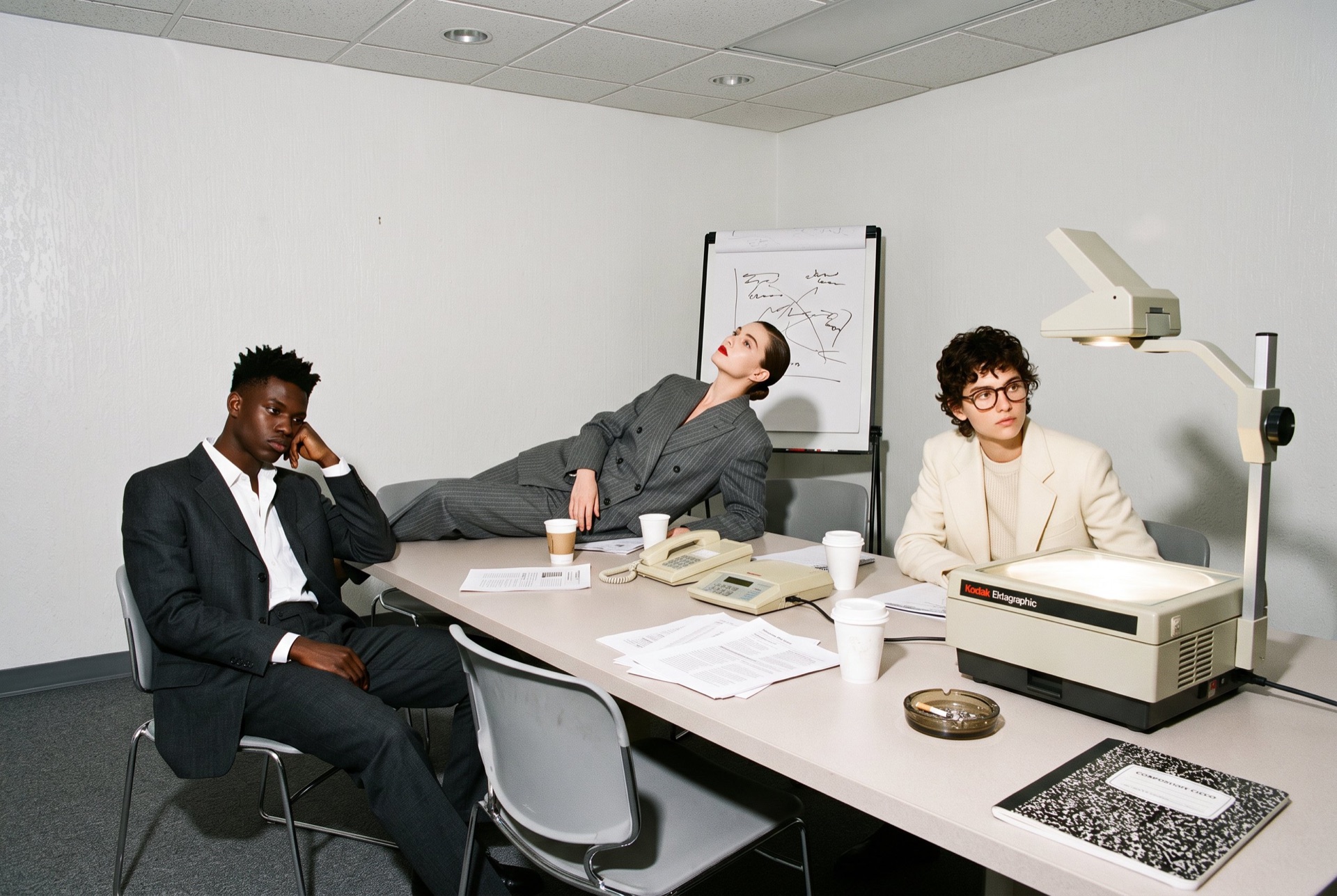 A meeting room, one founder leaning back in her chair